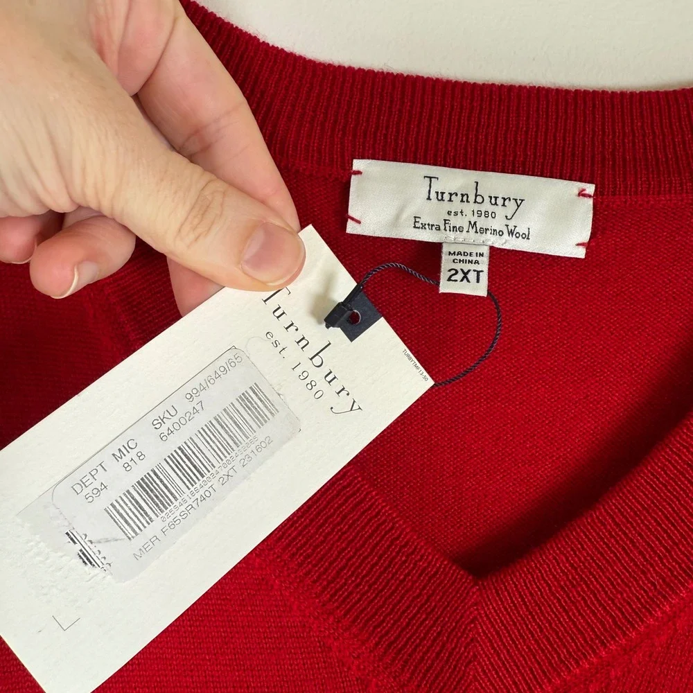 NEW Turnbury Men's‎ 2XT 100% Extra Fine Merino Wool V-Neck Sweater Vest NWT Red
